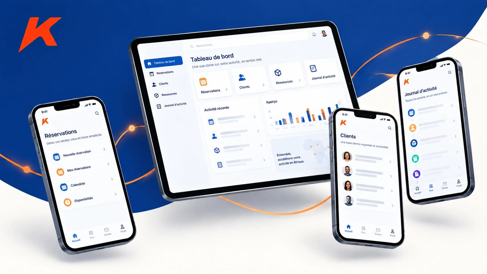 Aperçu du tableau de bord et de l’app mobile Karnet